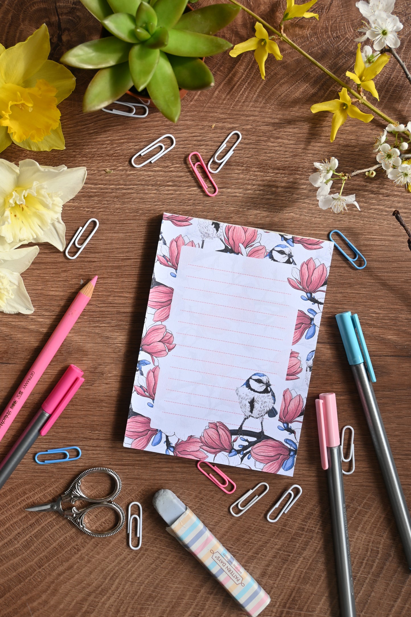 photo of notepad illustrated with blooming magnolia Magnolia and bird