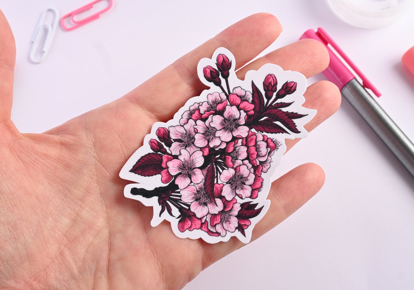 photo featuring illustrated sticker cherry blossom branch