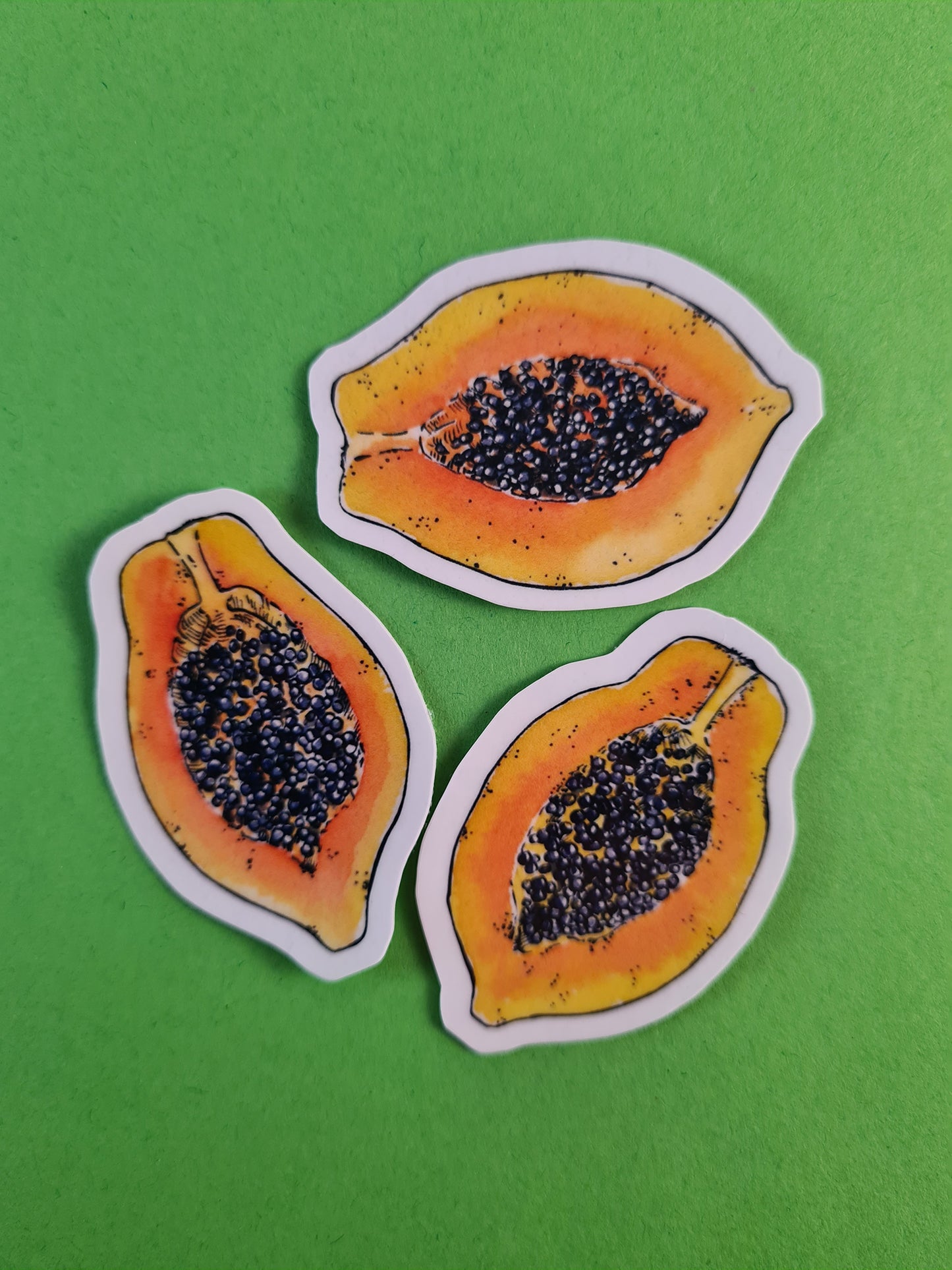 photo of 3 laminated journal stickers with papaya slice illustration print