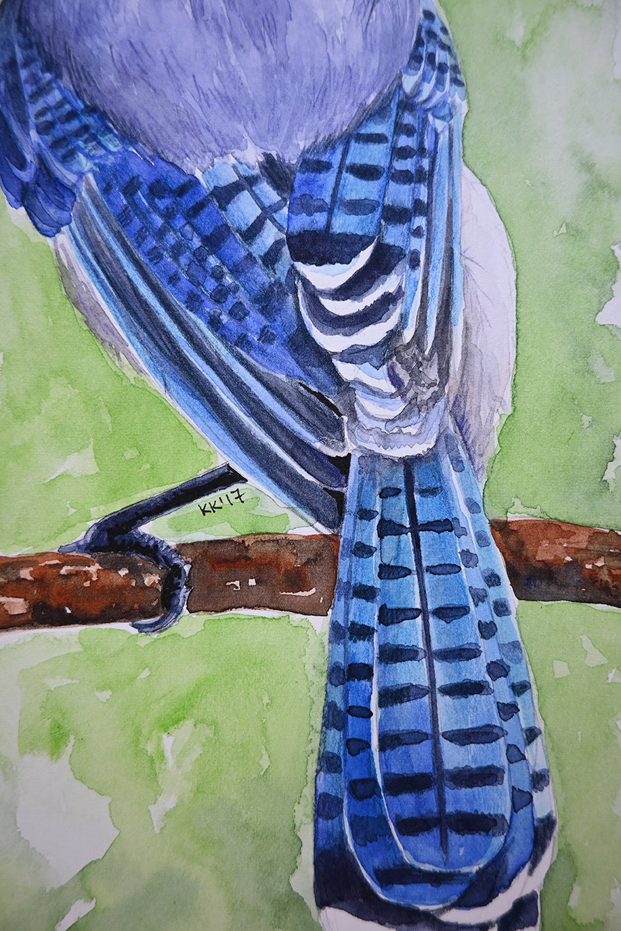 Artistic depiction of a blue bird with blue and white feathers on a green background