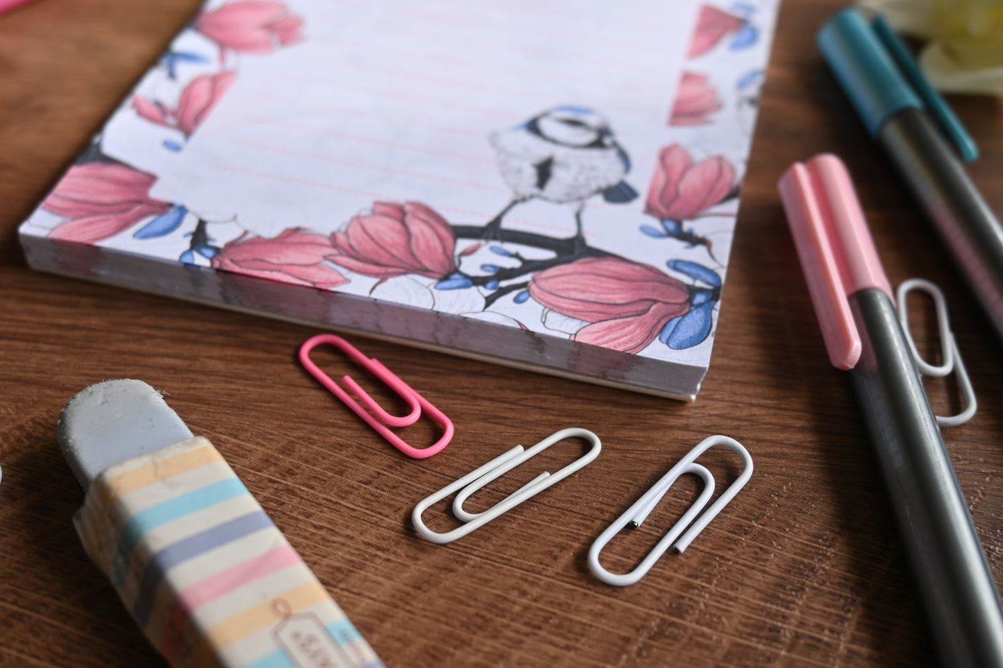 photo of notepad illustrated with blooming magnolia Magnolia and bird