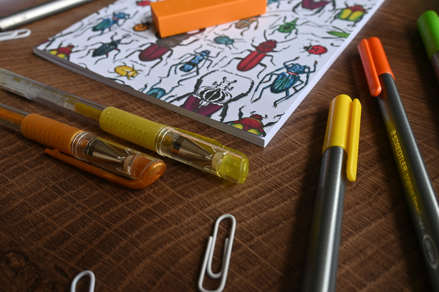 photo of hand-made notebook with hand-painted Beetles pattern print on the cover