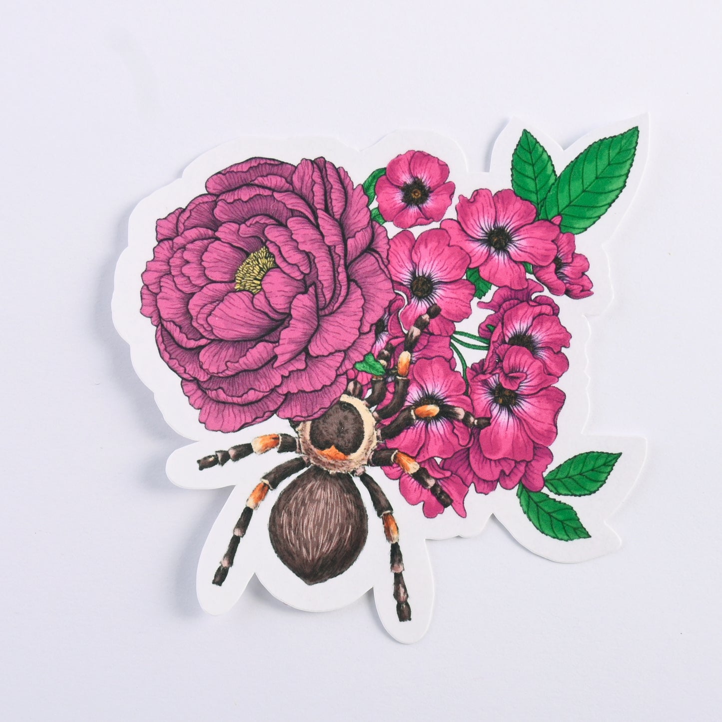 photo of a sticker featuring illustrated bouquet of flowers and tarantula