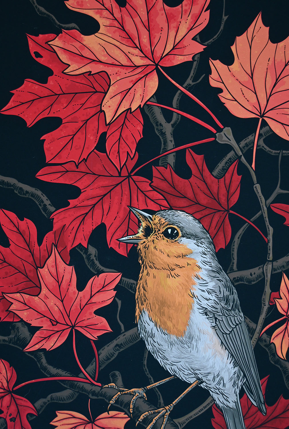 Illustration of a bird among red maple leaves on a dark background