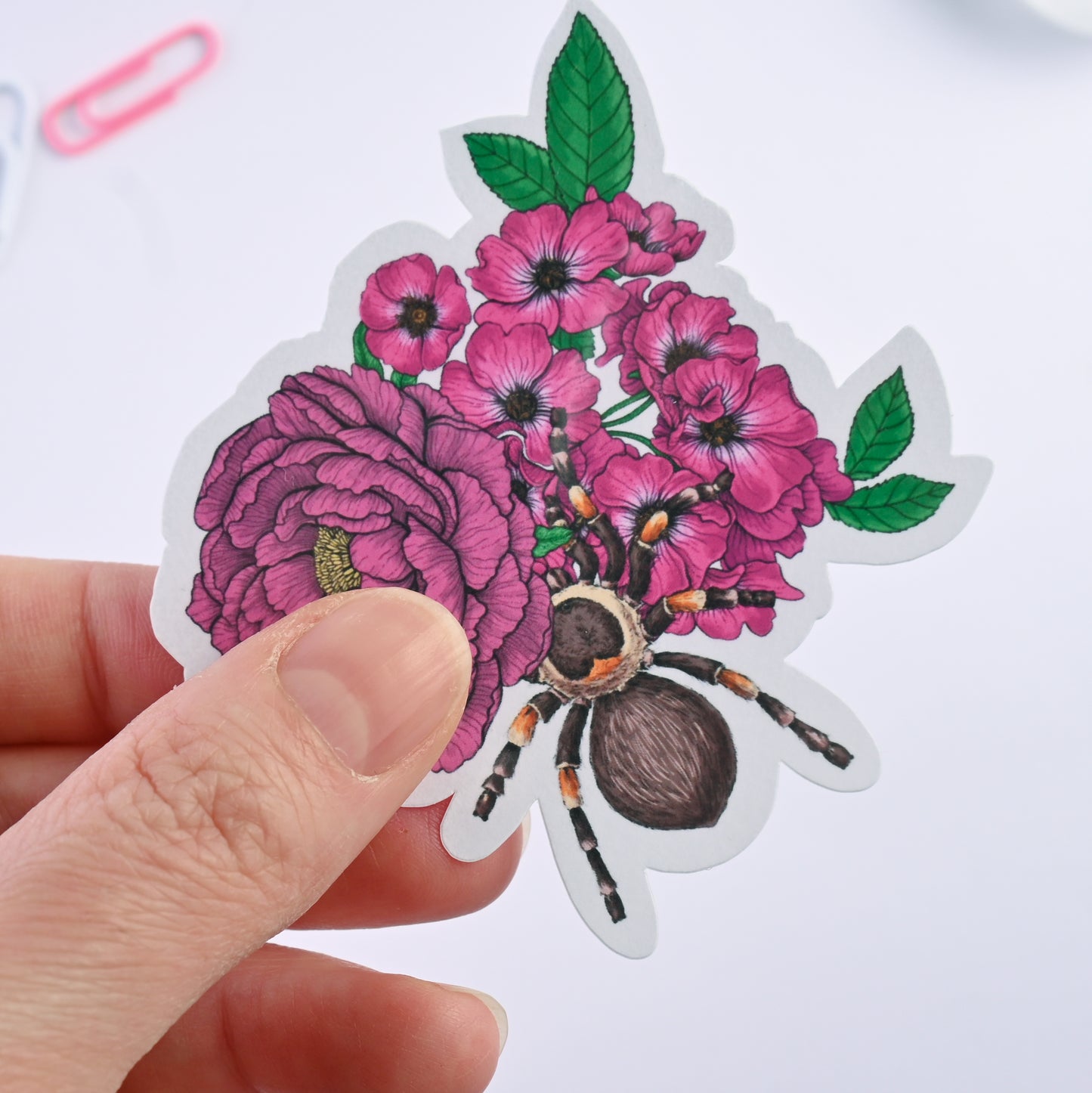 photo of a sticker featuring illustrated bouquet of flowers and tarantula