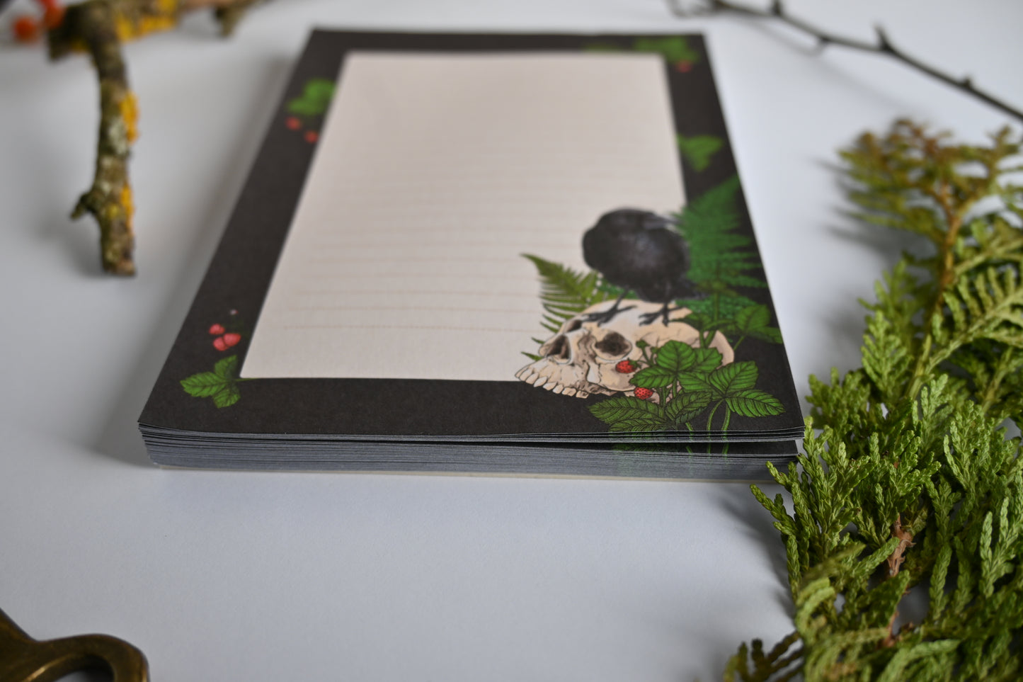 photo featuring a notepad illustrated with Raven and skull