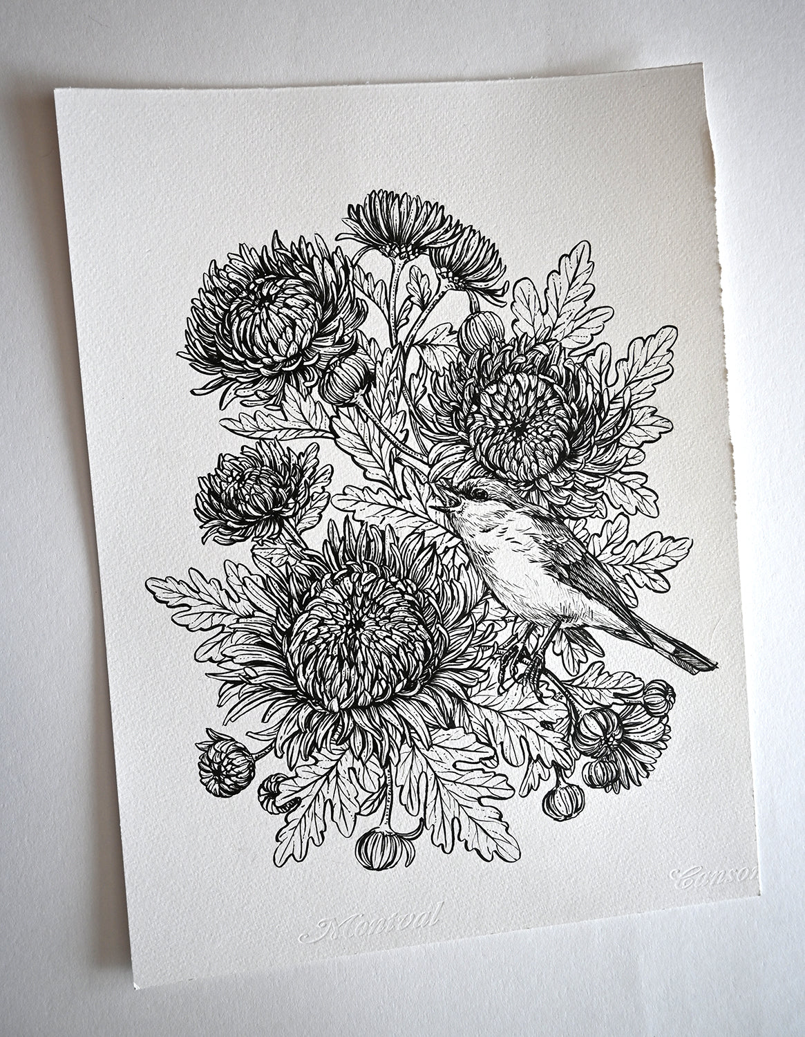 Black and white illustration of a bird among flowers on a white background