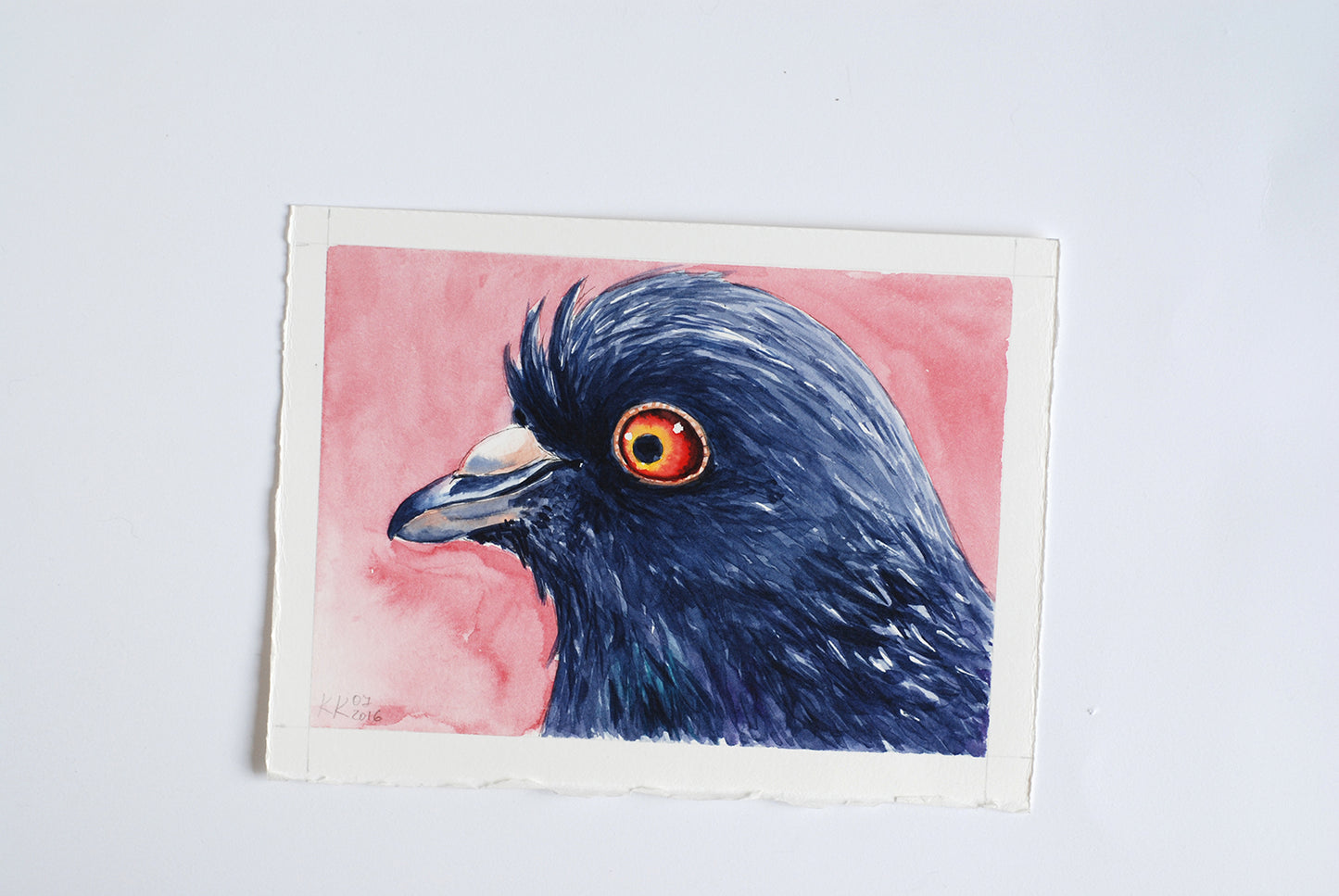 Artistic depiction of a pigeon's head on a pink background