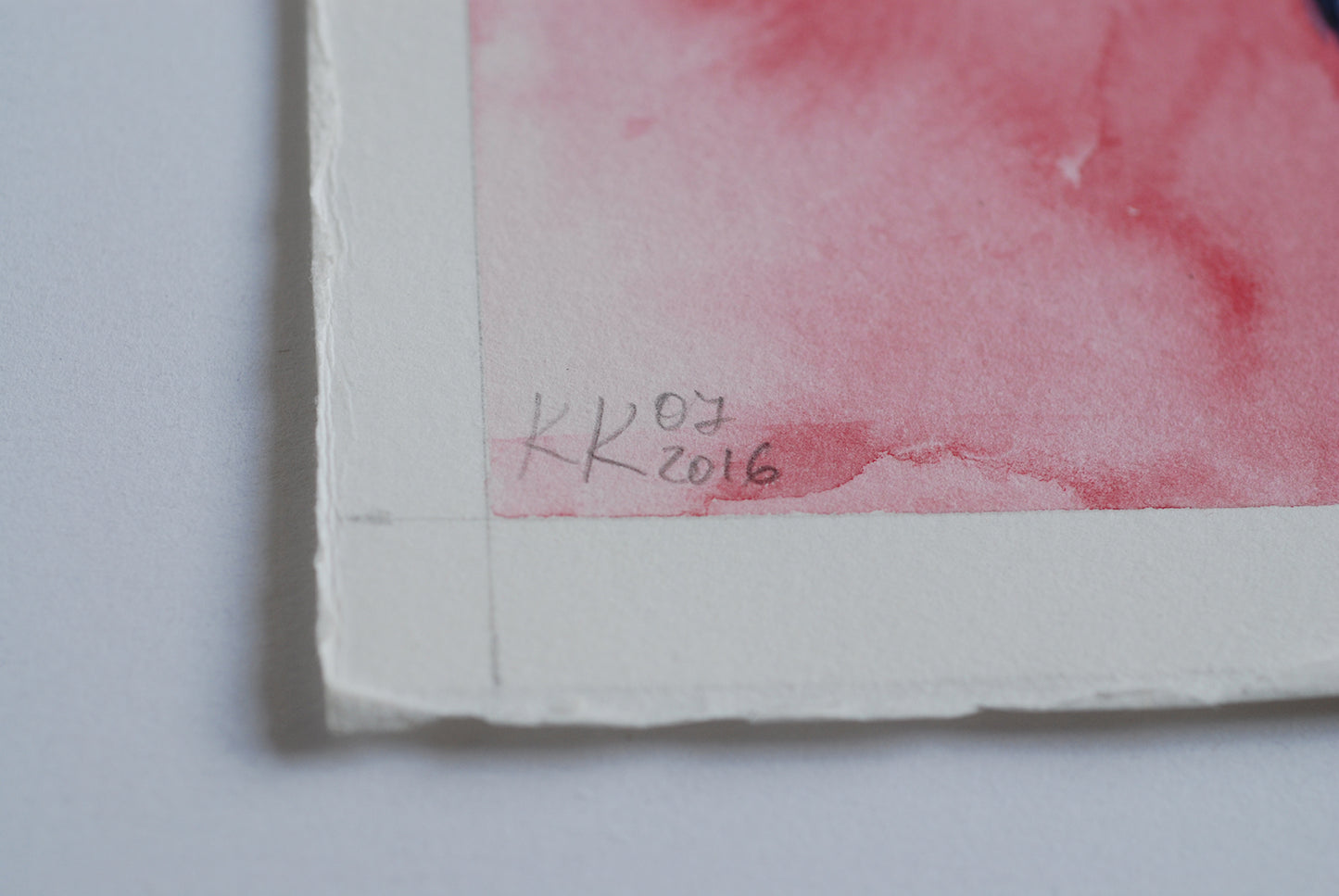 Artistic watercolor signature on a piece of paper with red and pink hues.