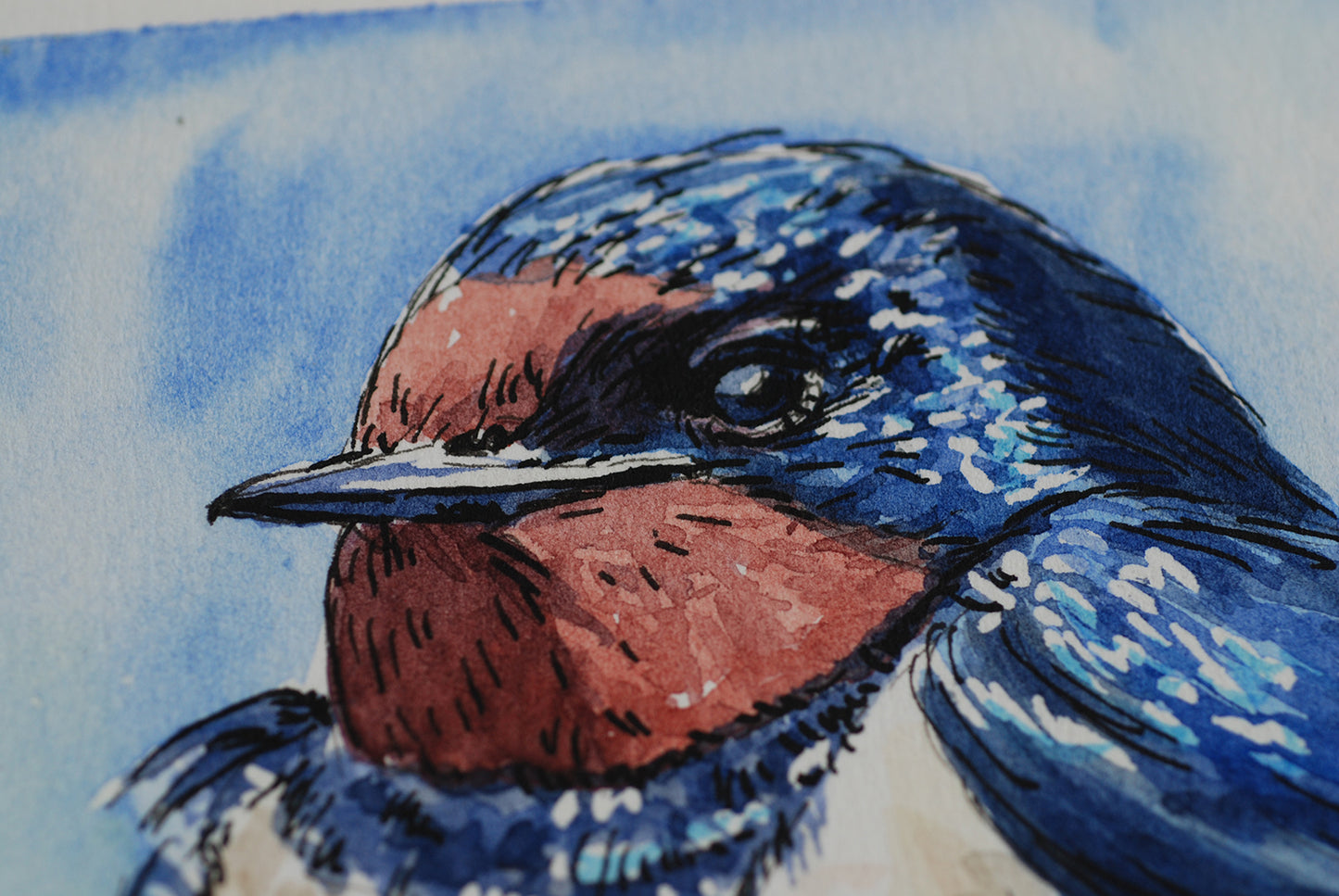 Close-up of a watercolor painting of a swallow with blue feathers and a red beak.