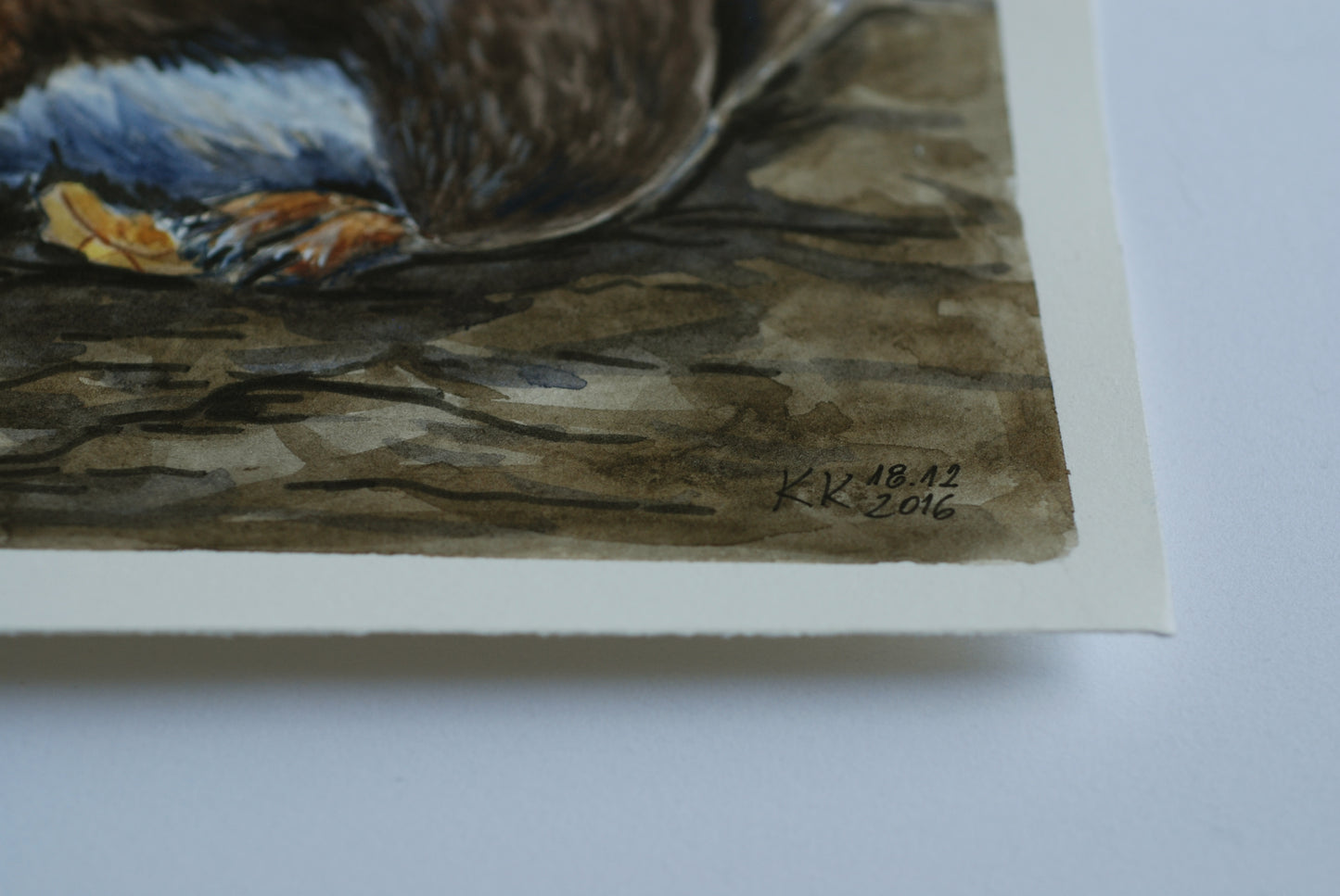 Close-up of a watercolor painting with a signature on a white background