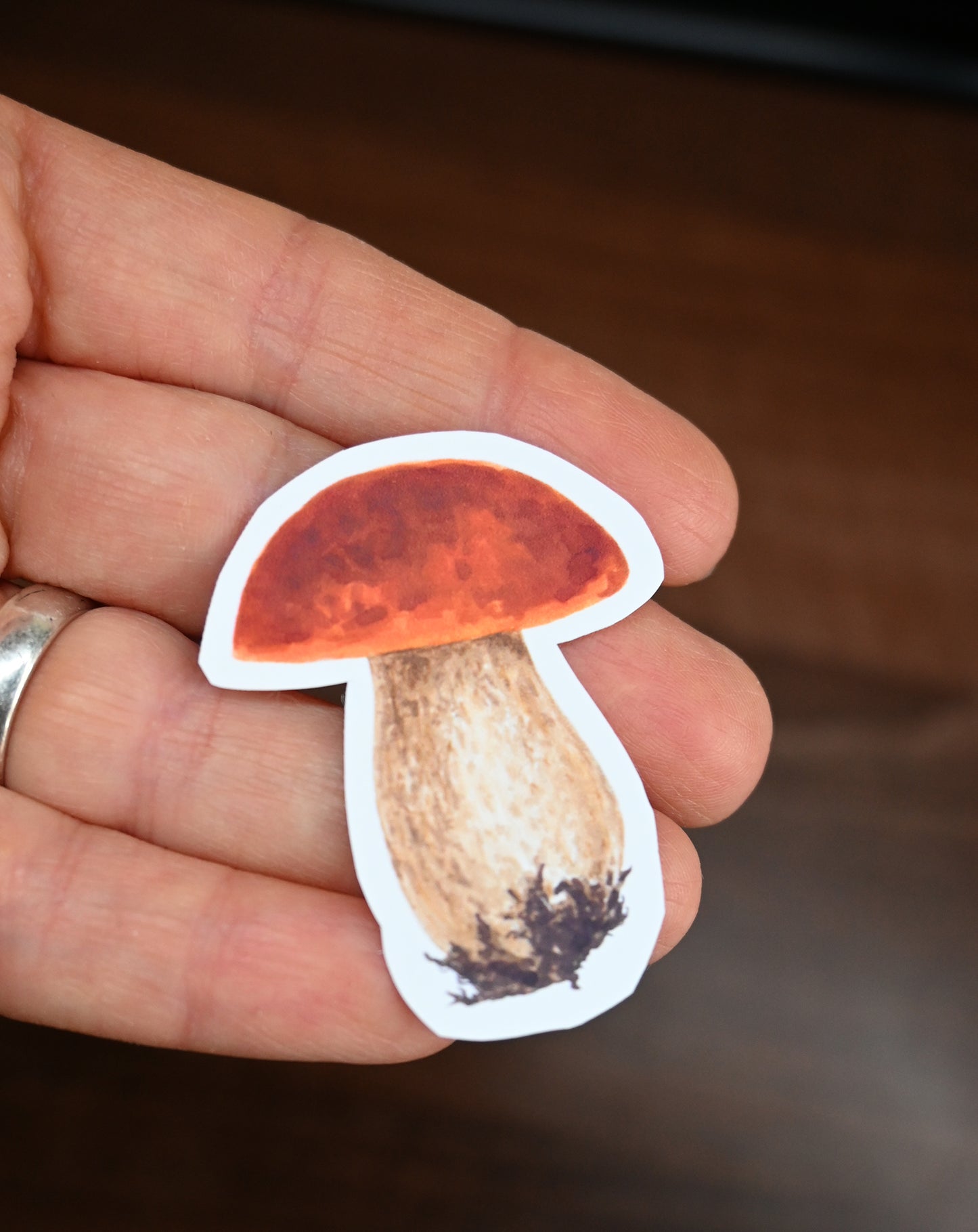 Sticker of a mushroom held between fingers against a blurred background