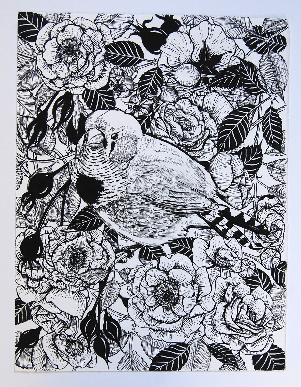 Black and white illustration of a bird among flowers and leaves on a white background