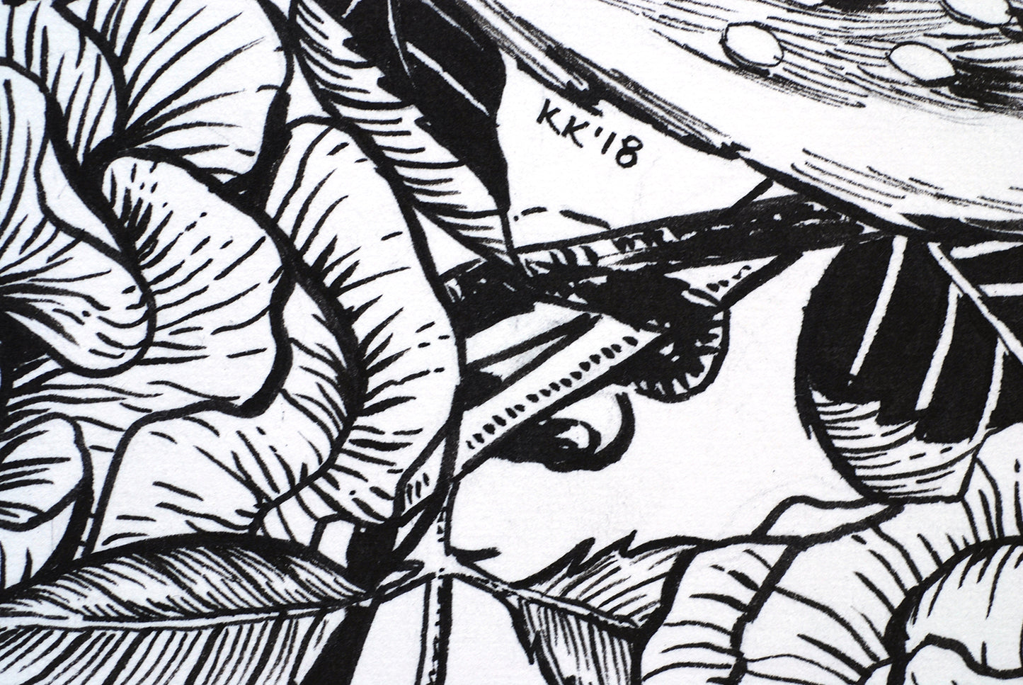 Black and white line art of leaves with a signature 'KK' '18' in the center.