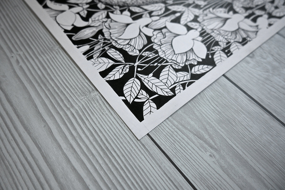 close up of the corner of photo of an ink painting of a hummingbird and fuchsia flowers