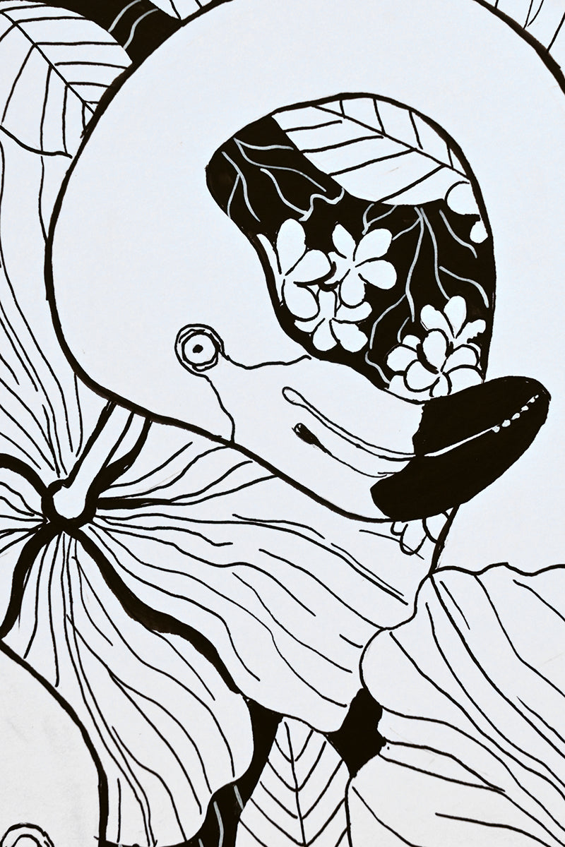 close up photo of original ink drawing "Flamingo garden"