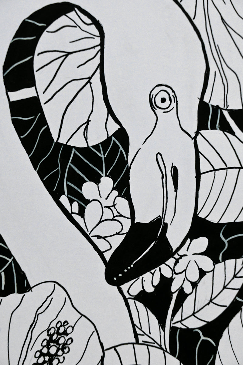close up photo of original ink drawing "Flamingo garden"