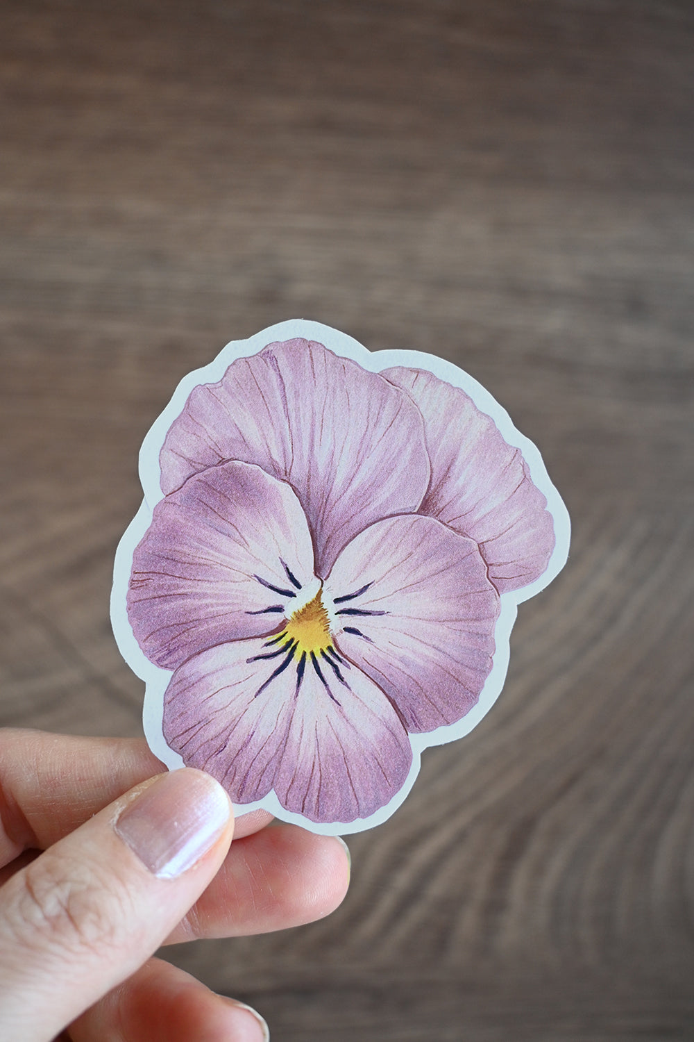 Hand holding a pansy flower sticker on a wooden surface
