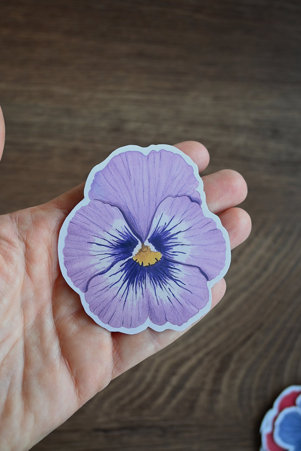 Hand holding a purple and yellow pansy sticker on a wooden surface