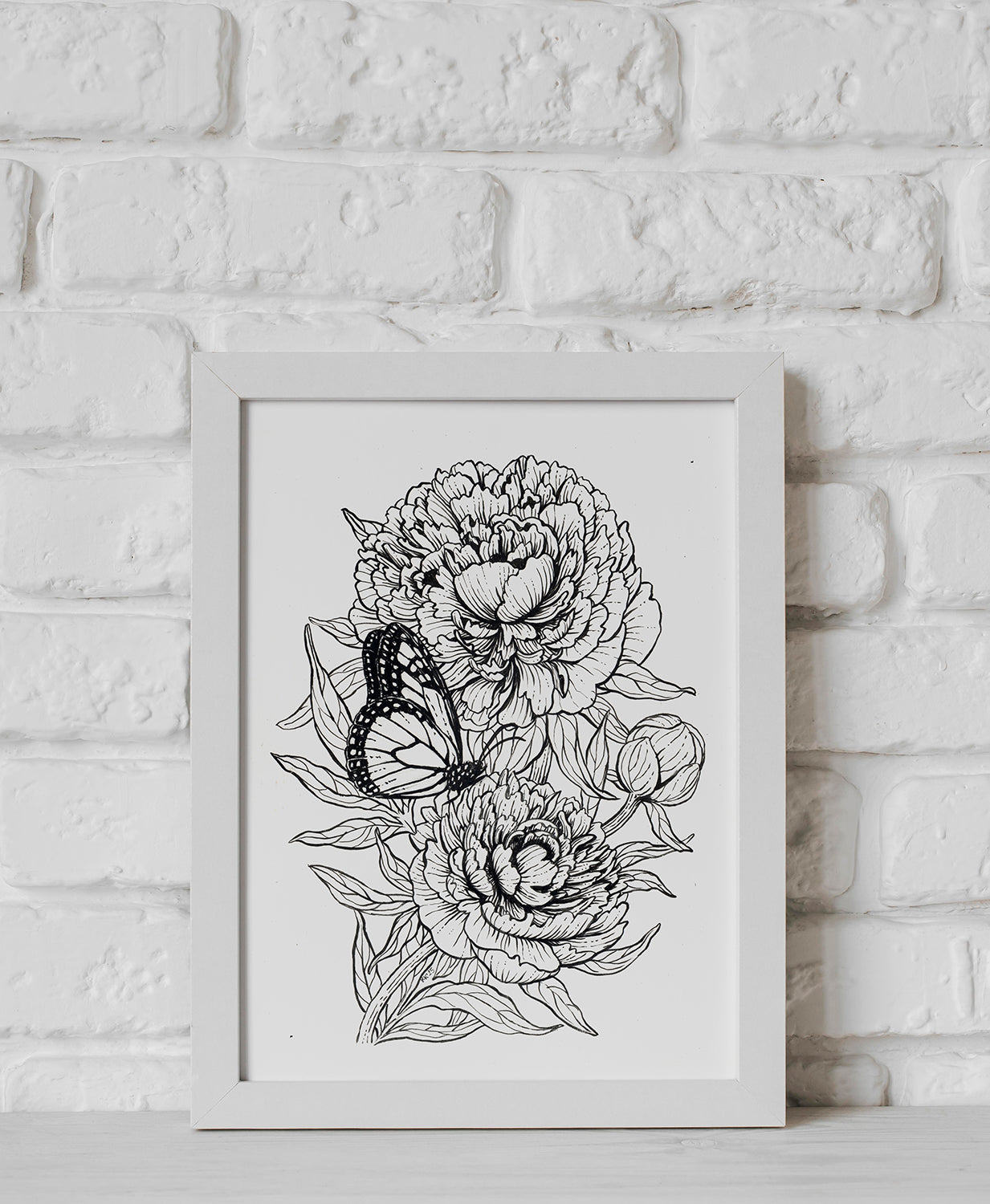 Peonies and monarch butterfly ink illustration in a white frame