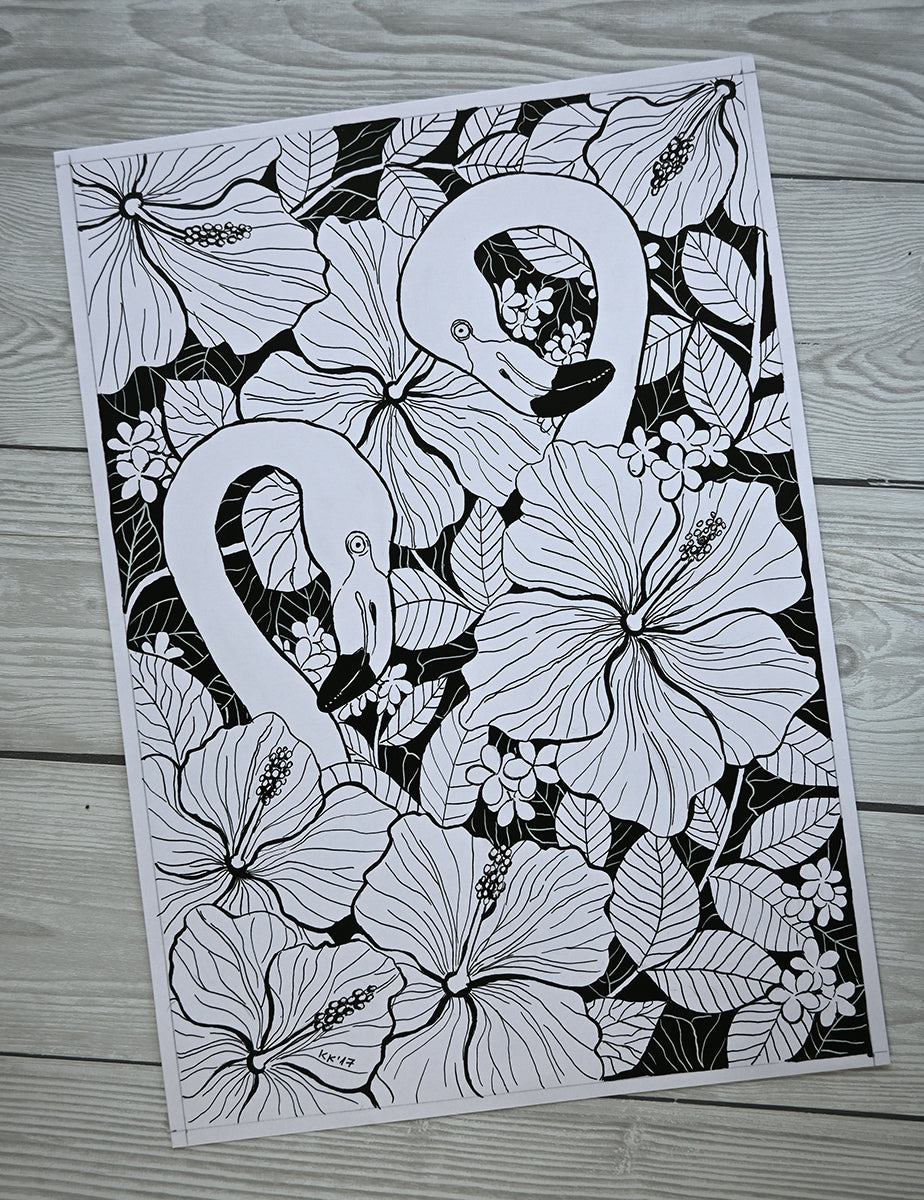 photo of original ink drawing "Flamingo garden"