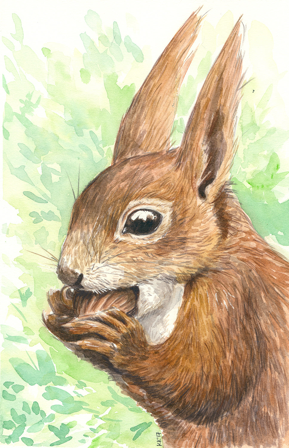Illustration of a squirrel holding a nut with a green foliage background