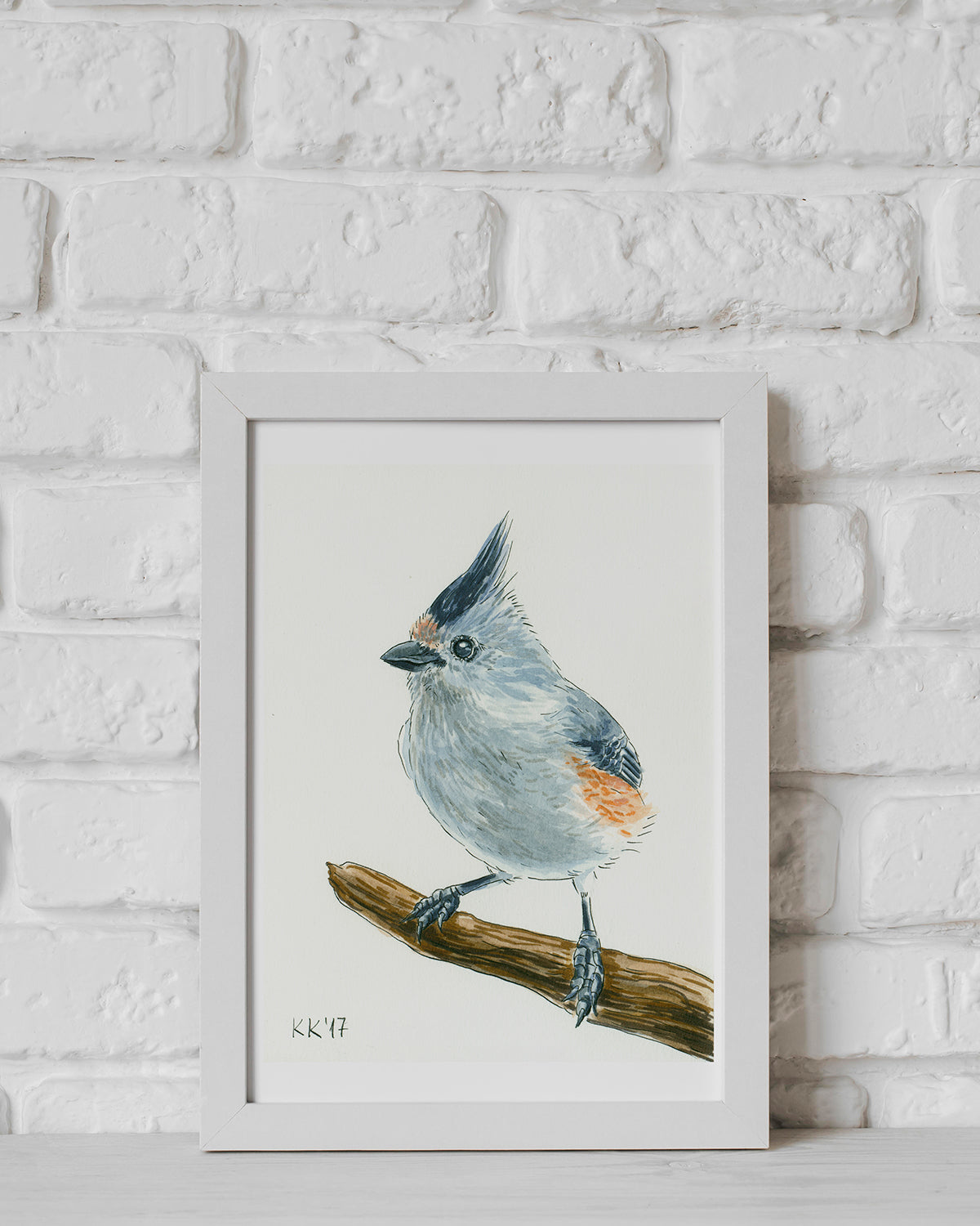 Titmouse on a branch watercolor painting