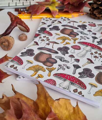 photo of hand-made notebook with hand-painted mushrooms pattern print on the cover