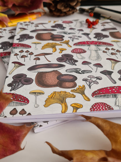 photo of hand-made notebook with hand-painted mushrooms pattern print on the cover