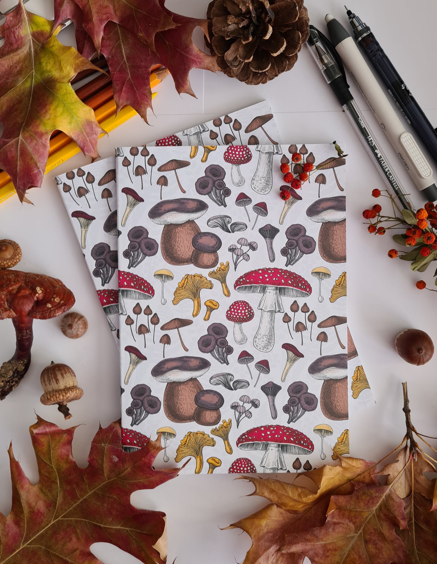 photo of hand-made notebook with hand-painted mushrooms pattern print on the cover