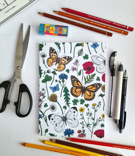 photo of hand-made notebook with hand-painted Wildflowers and butterflies pattern print on the cover