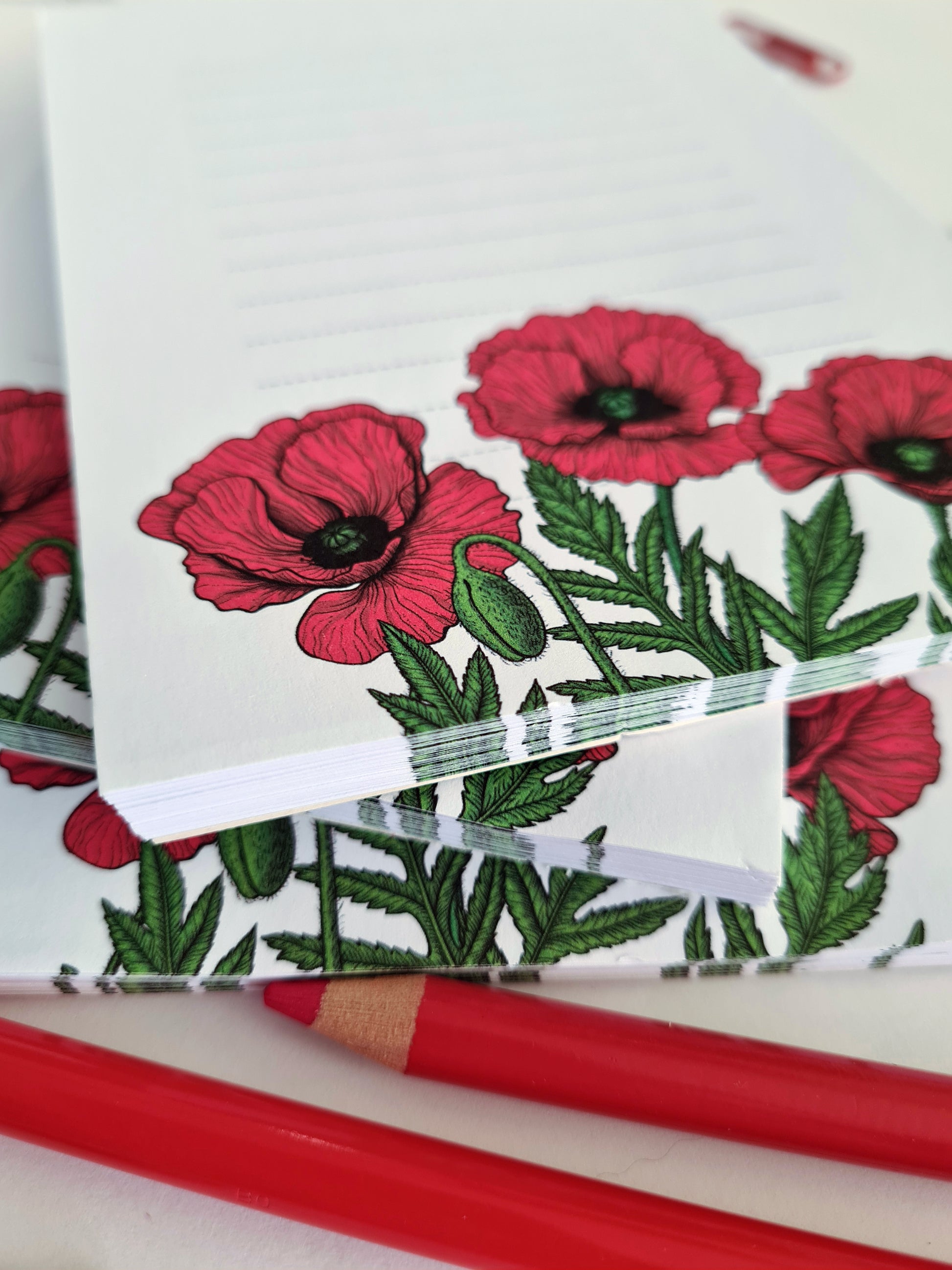 notepads ilustrated with red poppy flowers