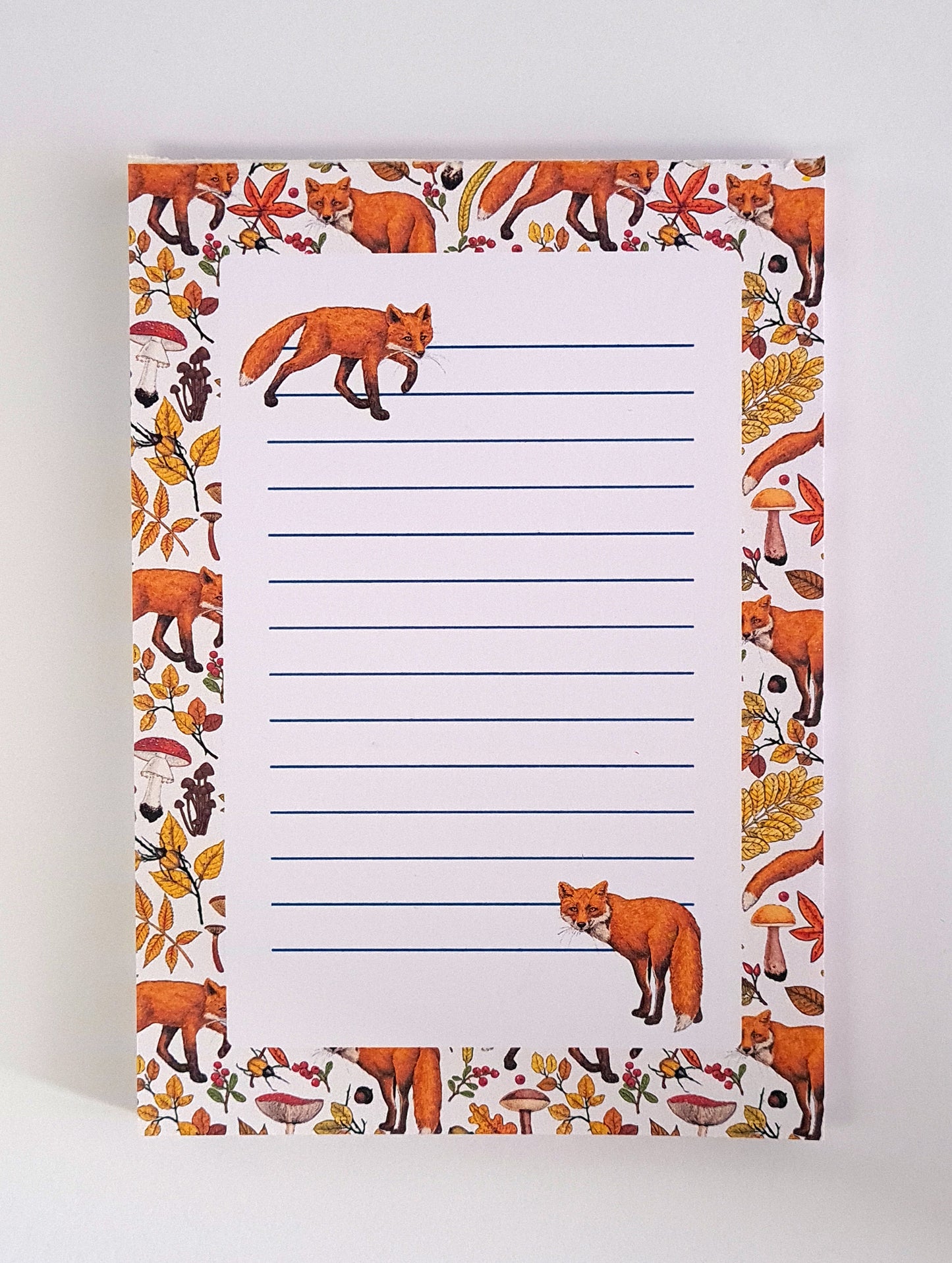 notepad ilustrated with hand-painted red Foxes and autumn flora