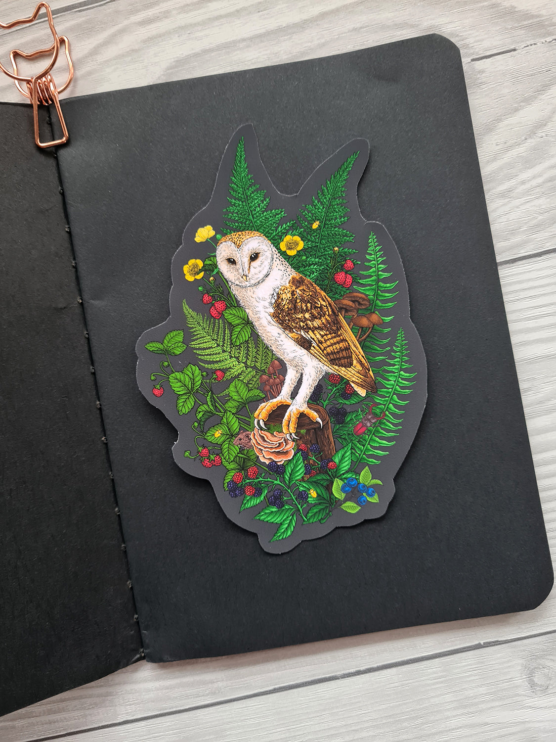 Decorative sticker of an owl among fern, forest berries, wildflowers and woodland critters on a black surface