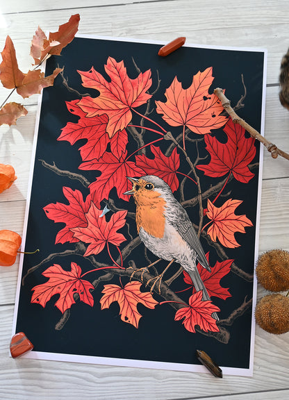 Illustration of a robin on red leaves with autumn elements on a white background