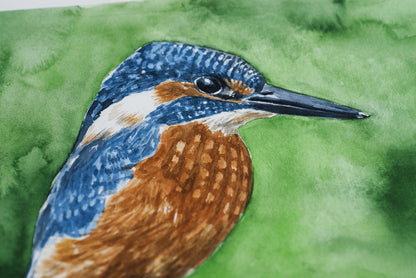 Artistic depiction of a kingfisher bird on a green background, close up