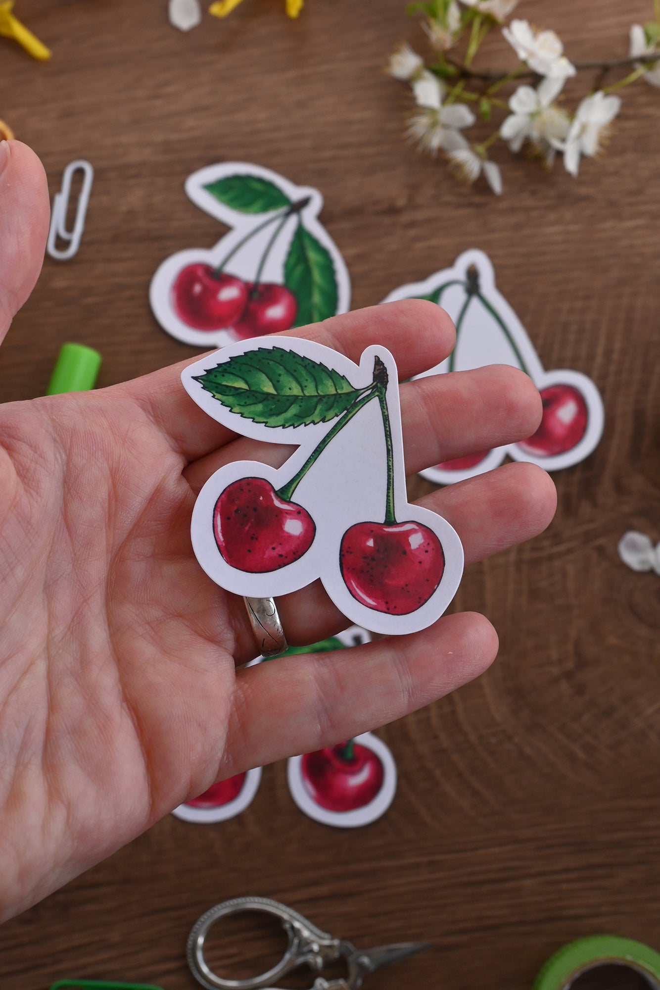 photo of laminated paper sticker featuring 2 cherry fruits with leaf