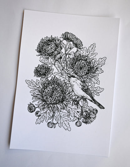 Black and white illustration of a bird among flowers on a white background