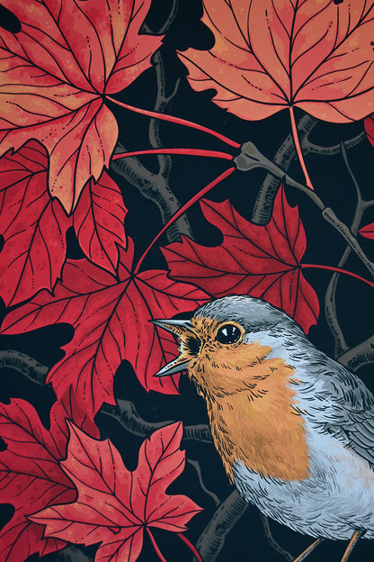 Bird perched among red leaves on a dark background