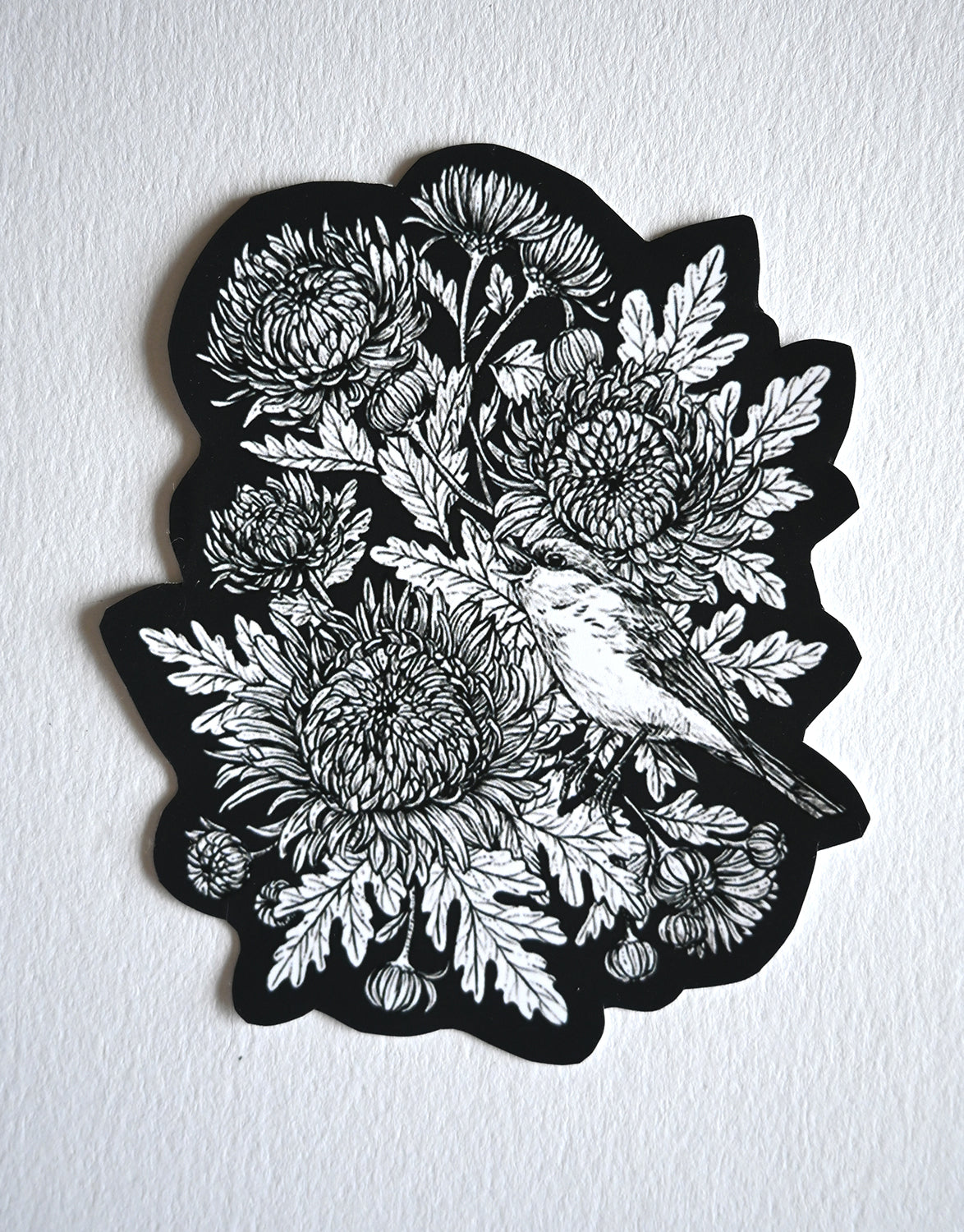 Mums  and redstart bird in black and white vinyl sticker
