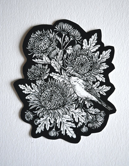 Mums  and redstart bird in black and white vinyl sticker