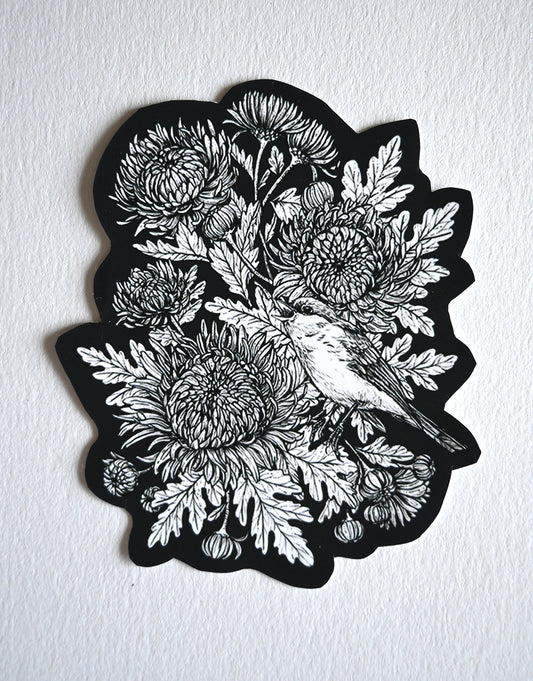 Mums  and redstart bird in black and white vinyl sticker