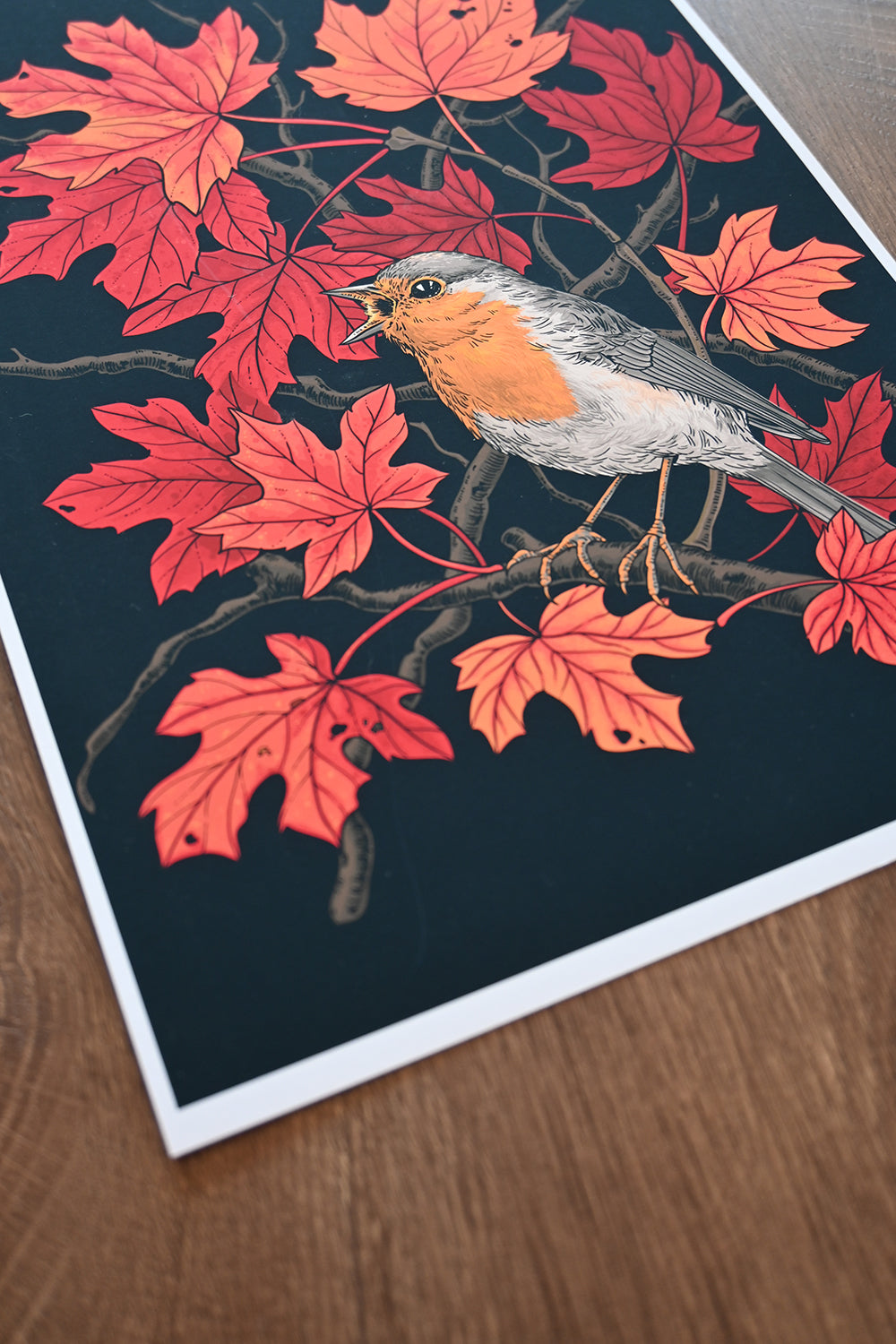 Illustration of a bird on a branch with red leaves on a dark background