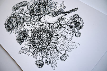 Black and white illustration of a bird among flowers on a white background