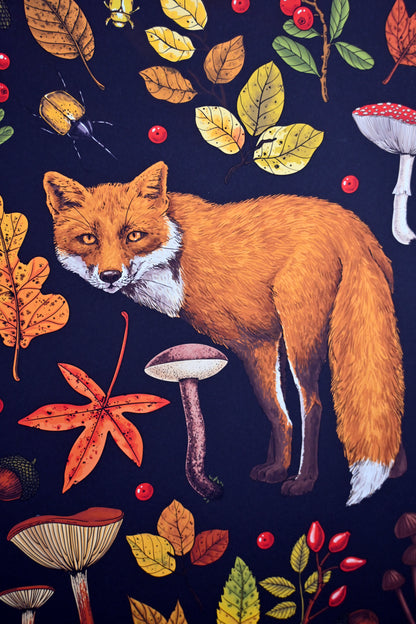 photo of Autumn fox, featuring red fox , autumnal flora, fallen leaves, mushrooms, bugs 