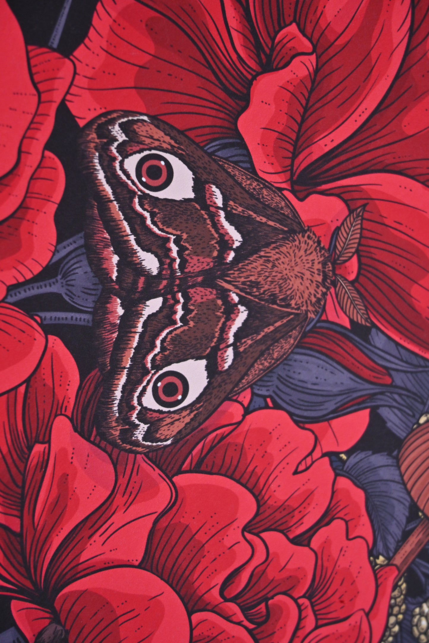 photo of an inject print of Dream garden illustration featuring, roses, berries, tarantula, snake and moth, close up on the moth