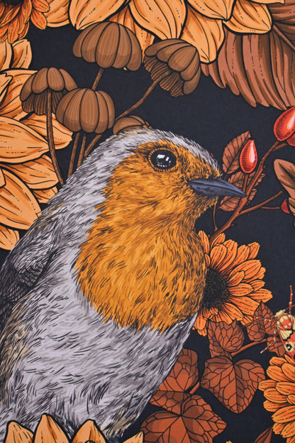 photo of Robin in the dahlias art Print, close up