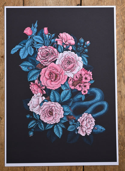 photo of a giclee print of Hidden in the roses illustration featuring, roses, snake and mice