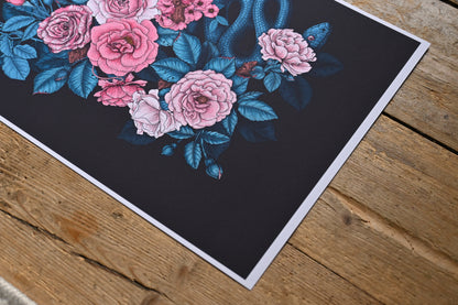 photo of a giclee print of Hidden in the roses illustration featuring, roses, snake and mice, corner photo