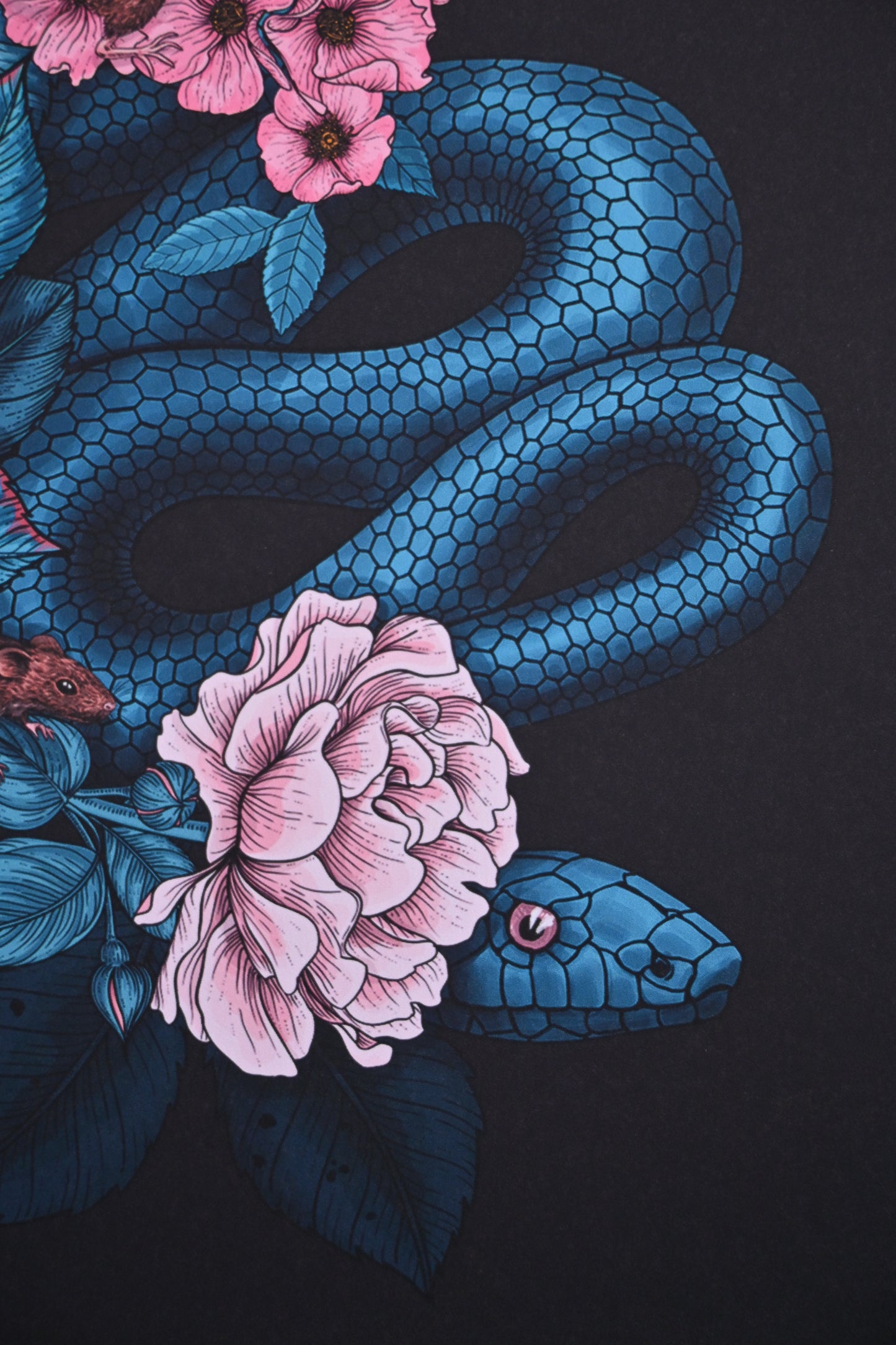 photo of a giclee print of Hidden in the roses illustration featuring, roses, snake and mice, close up on the snake